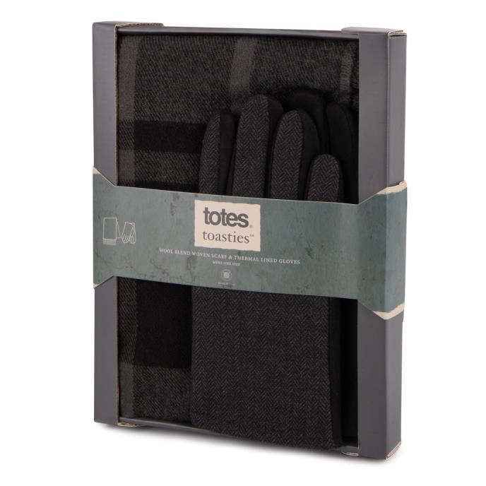 totes toasties® Mens Wool Blend Check Scarf & Thermal Lined Gloves Gift Set Black Extra Image 1